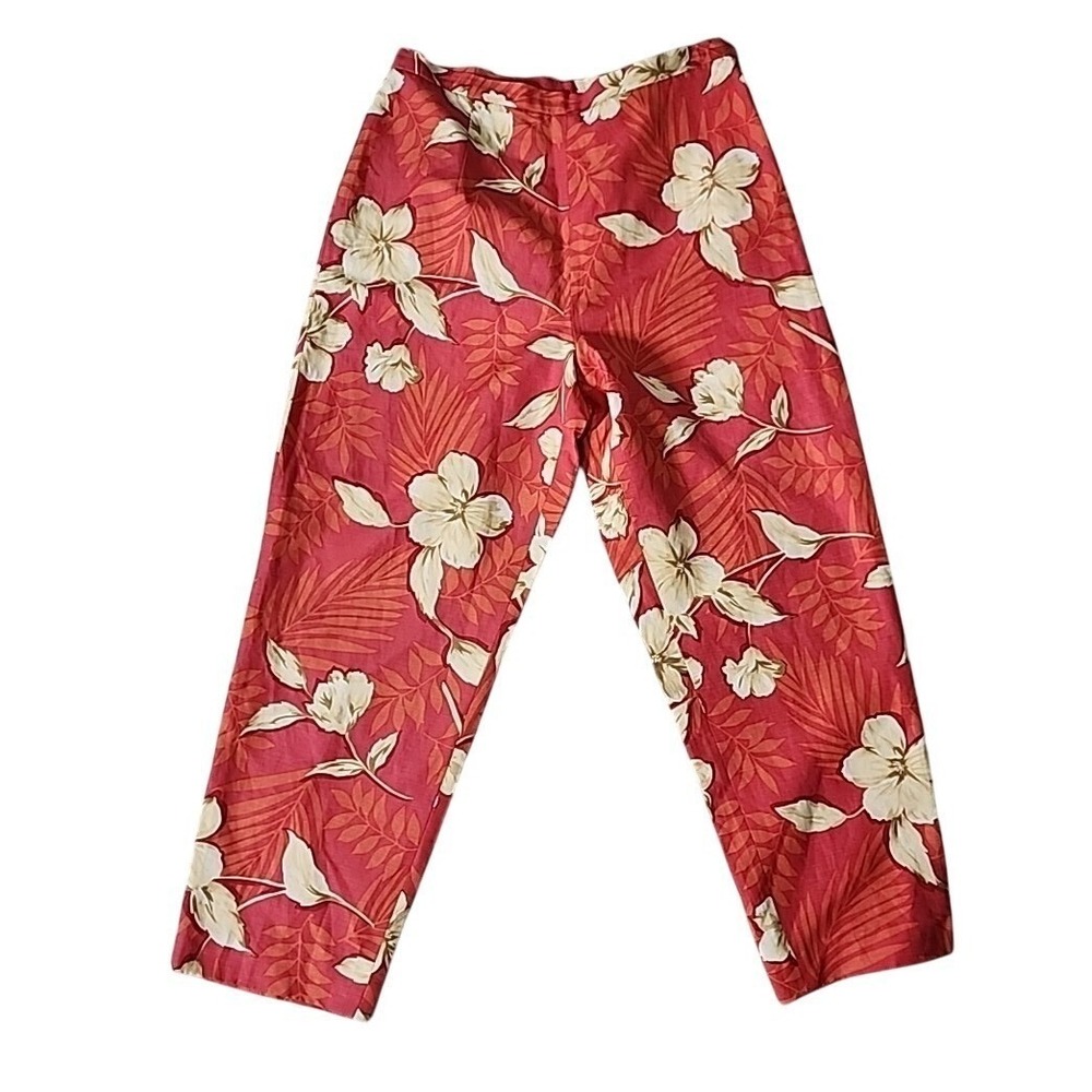Talbots Silk Linen Pants 10 Flat Front Lined Floral Hibiscus Side Zip Tropical